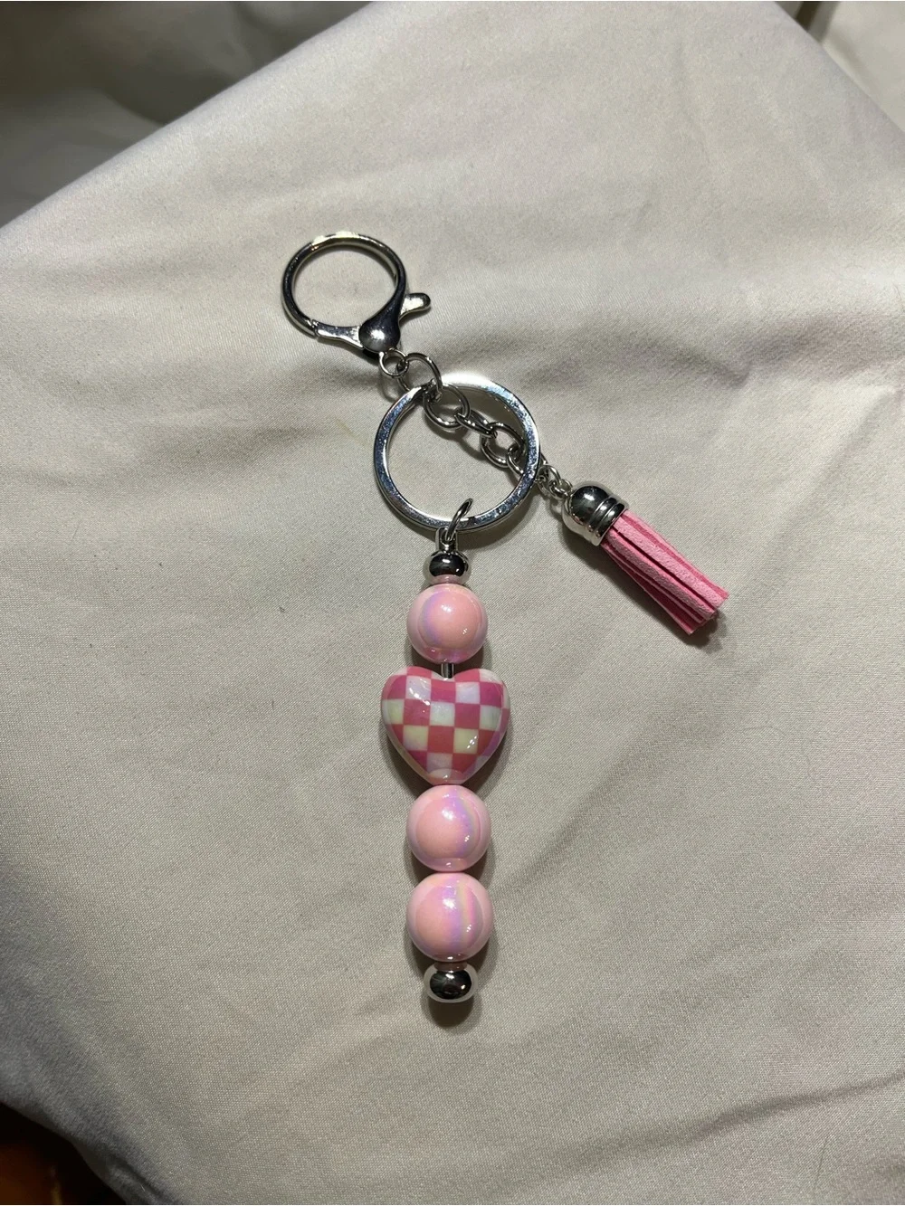 Pink Checkered Heart Bead Keychain with Tassel